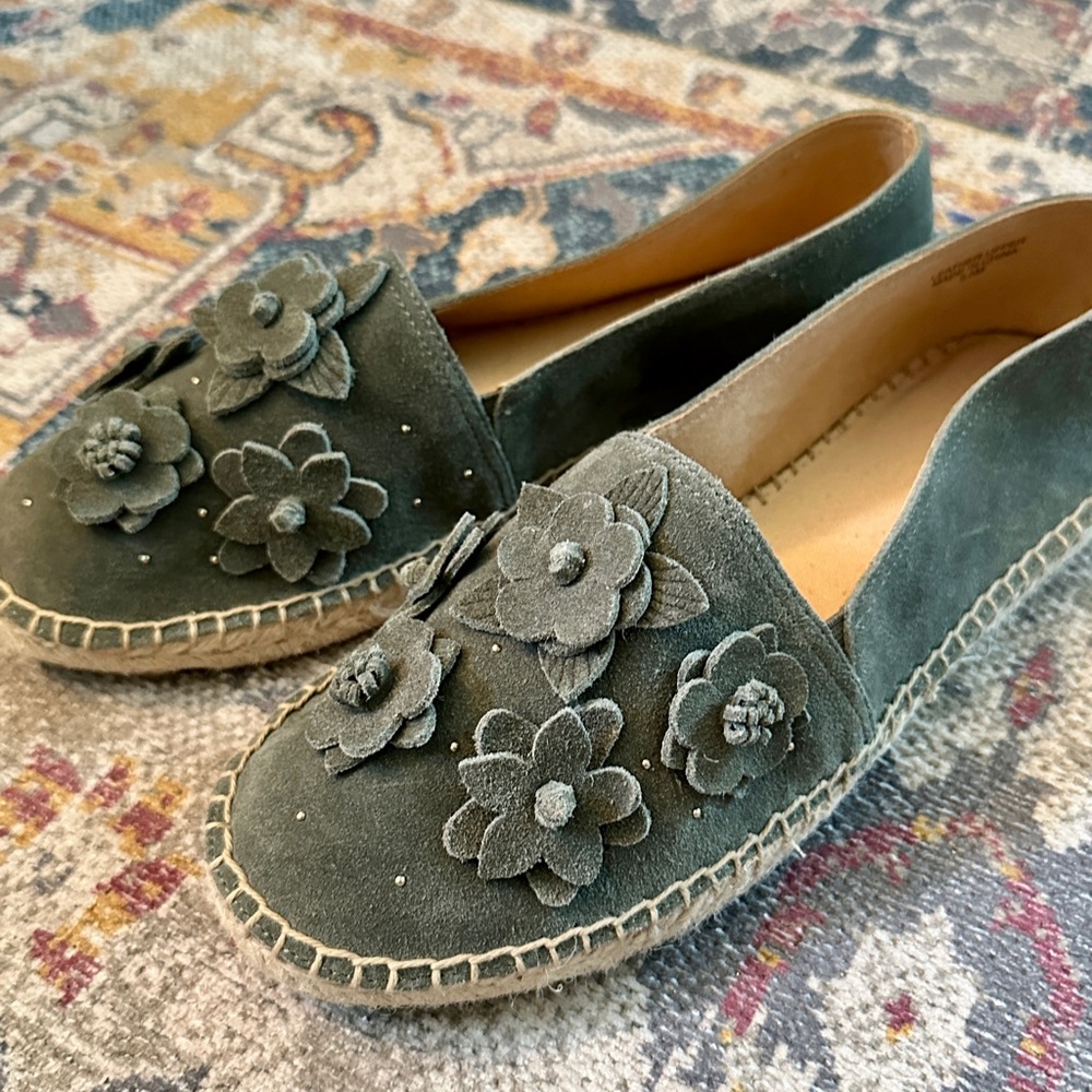 Talbots Grey Suede Espadrilles with Floral Details